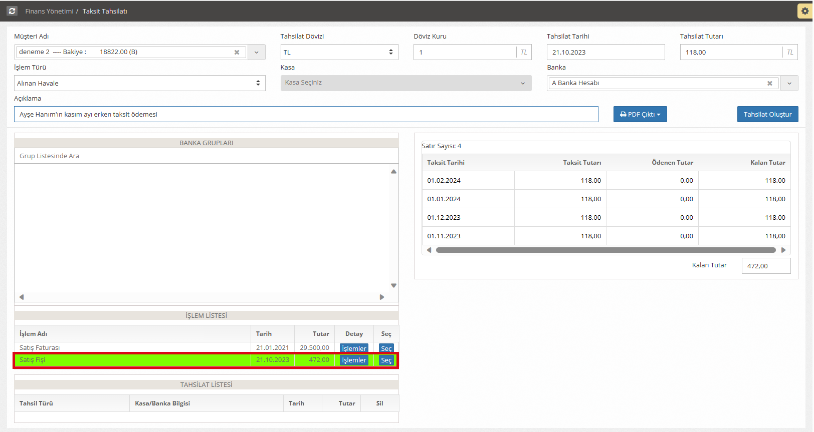 Taksit Tahsilat Belge Seçimi